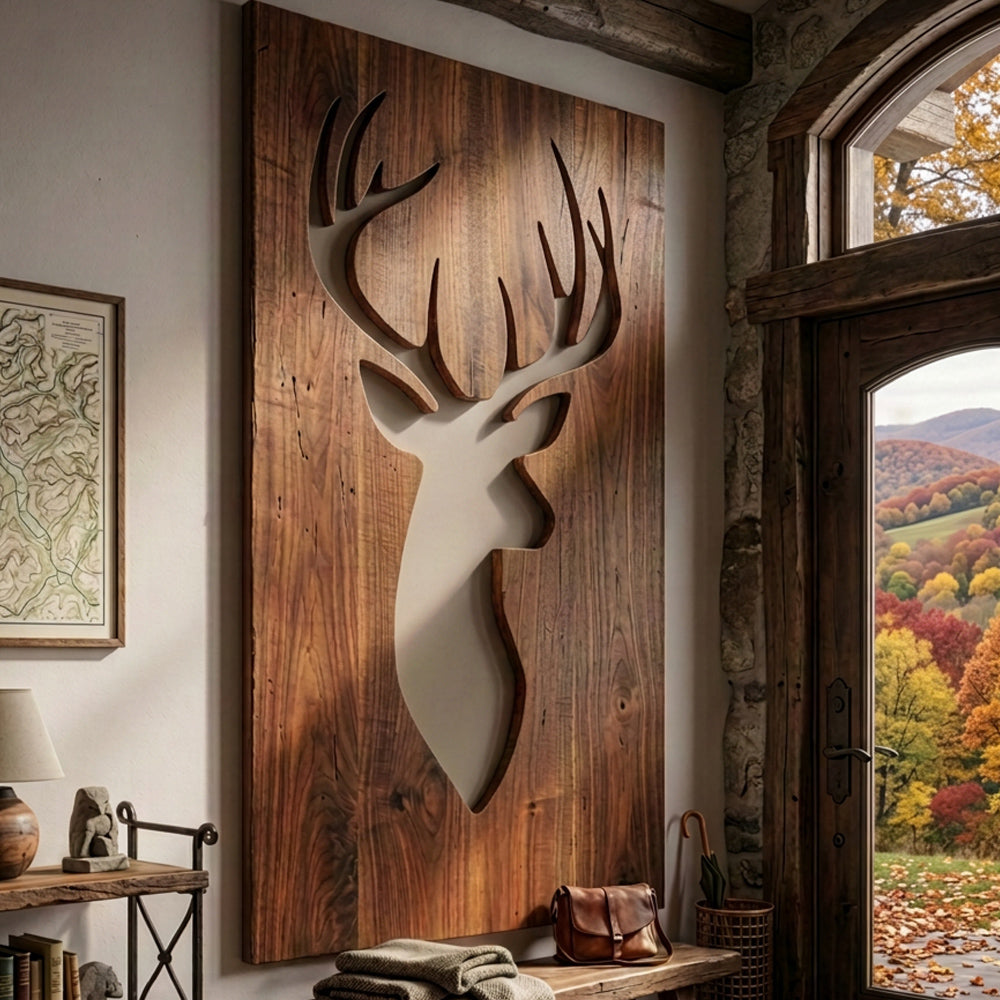 Large rectangular wooden wall art featuring a deer head silhouette cutout, displayed in a rustic interior beside a window showing an autumn landscape.