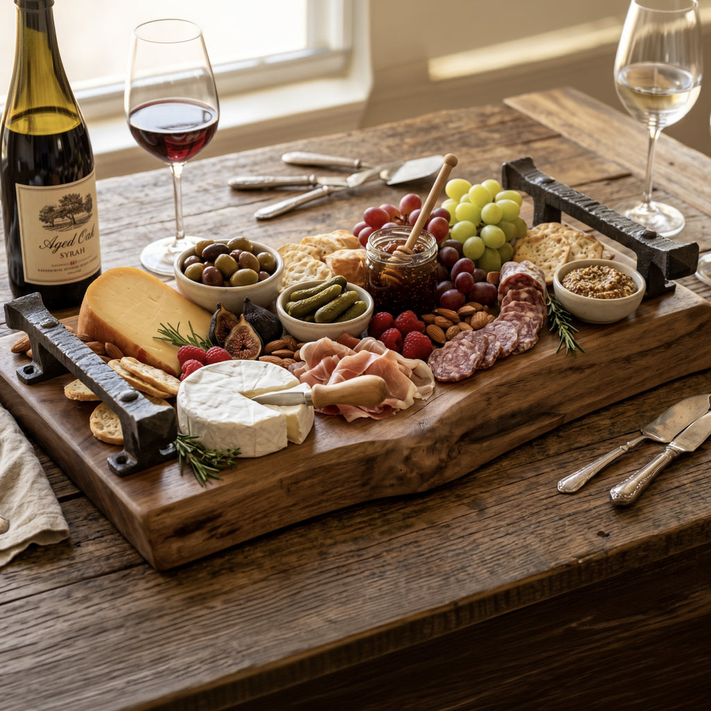 A large rustic wooden charcuterie board styled on a wooden table with cheese, cured meats, grapes, olives, crackers, spreads, and wine glasses. A bottle of Red Wing Shakero Texas wine is visible on the left.