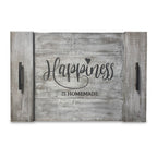 A rustic decorative wooden noodle board with distressed gray wood panels and black metal handles on the sides. The center features the phrase 'Happiness is Homemade' in black lettering, with a small heart above the 'i' in 'Happiness'.