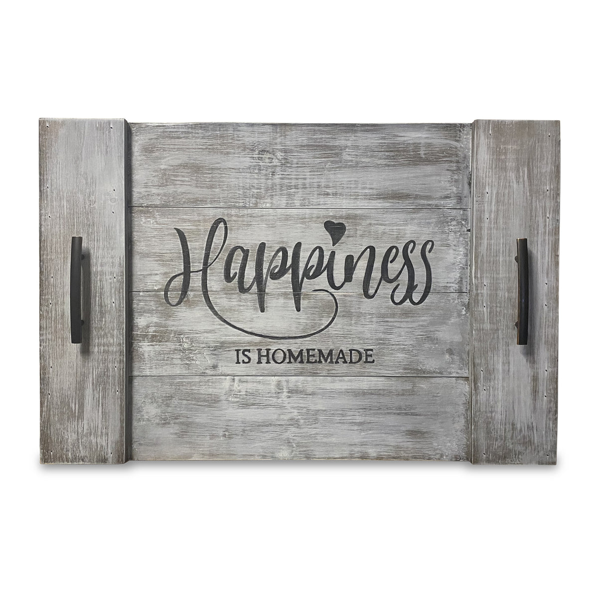 A rustic decorative wooden noodle board with distressed gray wood panels and black metal handles on the sides. The center features the phrase 'Happiness is Homemade' in black lettering, with a small heart above the 'i' in 'Happiness'.