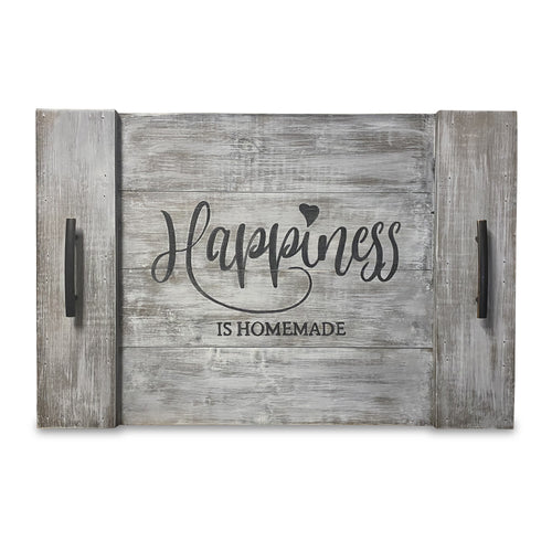 A rustic decorative wooden noodle board with distressed gray wood panels and black metal handles on the sides. The center features the phrase 'Happiness is Homemade' in black lettering, with a small heart above the 'i' in 'Happiness'.