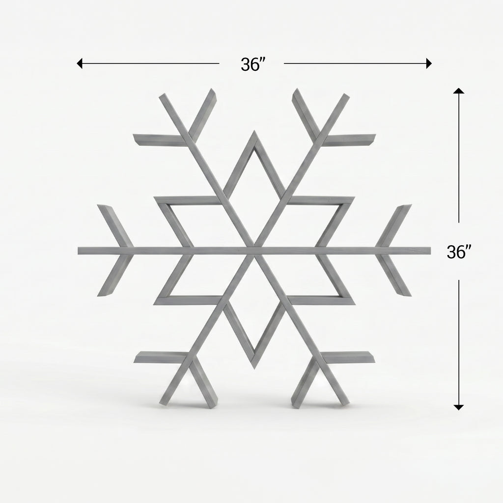 Gray snowflake-shaped wooden shelf with dimensions on a white background