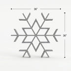 Gray snowflake-shaped wooden shelf with dimensions on a white background
